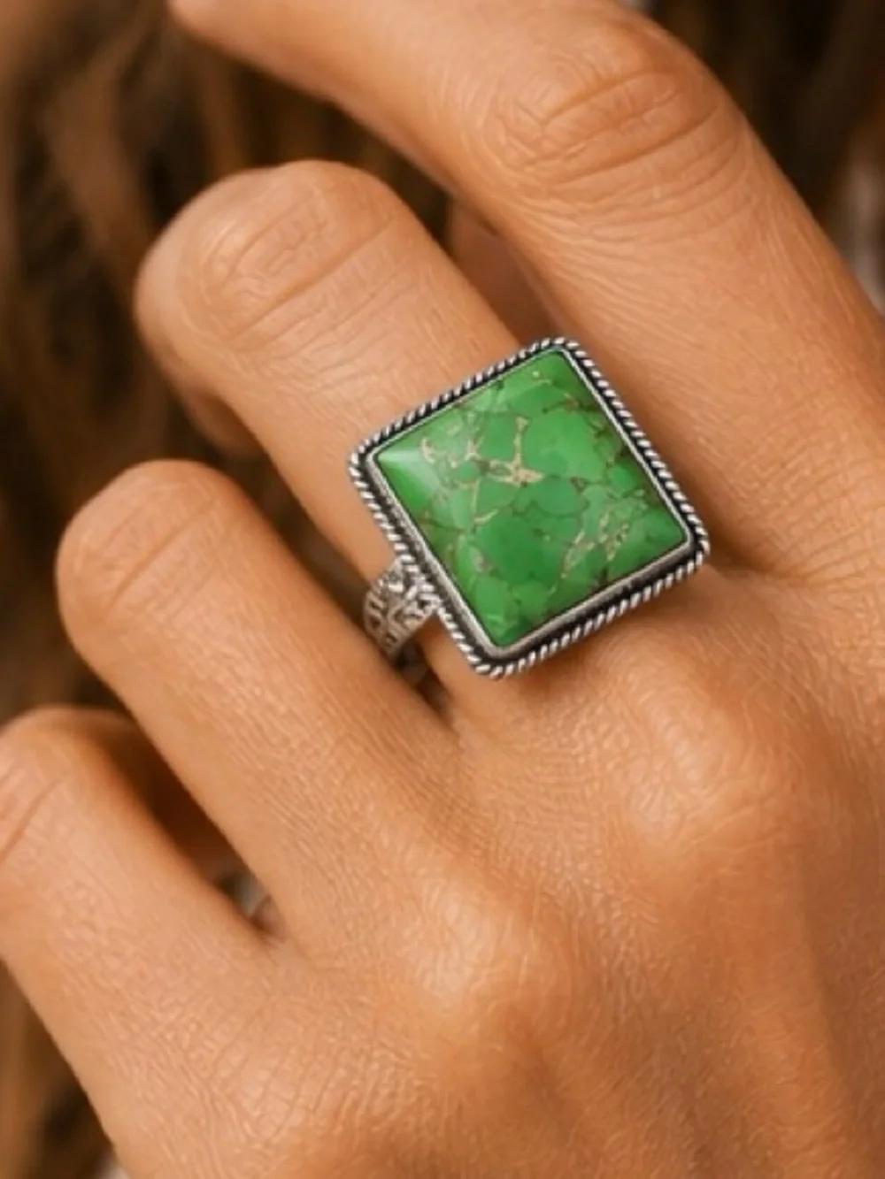 Square Green Turquoise Statement Ring Silver Tone Size 8